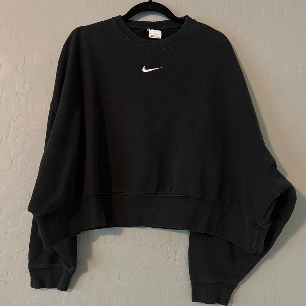 Nike Phoenix Fleece Oversized Cropped Crewneck Sweatshirt Center Swoosh Black L
